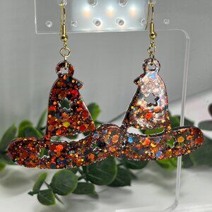 October Nights Witch Hat Glitter Resin Dangle Earrings 18K Gold Plated Handmade